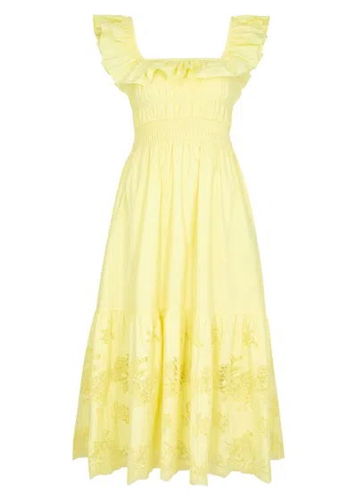 Self-portrait Lace-panelled Cotton-poplin Midi Dress In Yellow