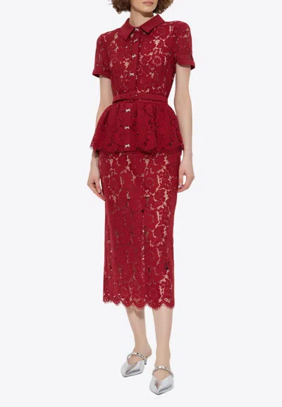 Self-portrait Bordeaux Lace Peplum Midi Dress In Burgundy