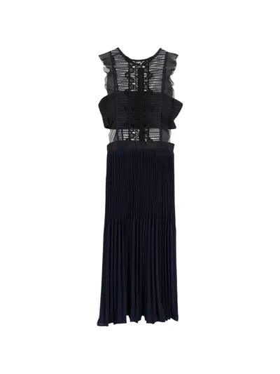 Pre-owned Self-portrait Lace Pleated Midi Dress In Blue