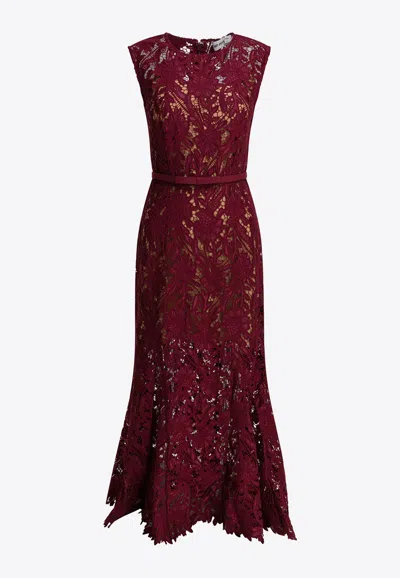 Self-portrait Fitted Guipure Lace Midi Dress With Removable Belt In Red