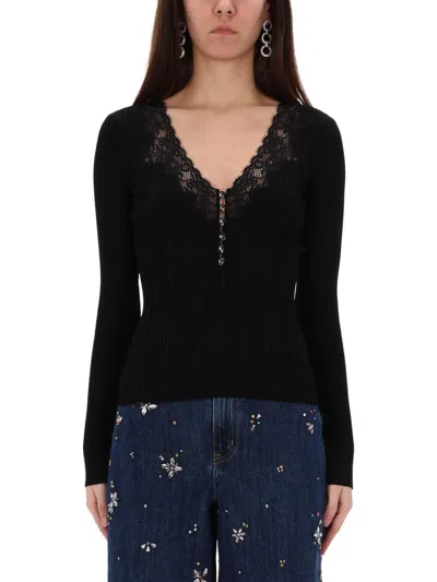 Self-portrait Black Lace Trim Knit Top Tops Black In Multi