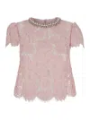 Self-portrait Beaded Floral Lace Top With Crystal Embellishment In Pink