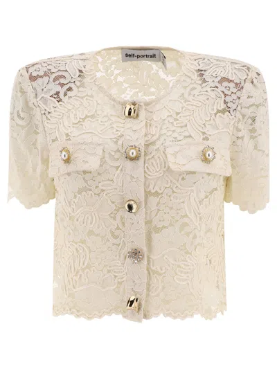 Self-portrait Lace Top With Jewel Buttons In Beige