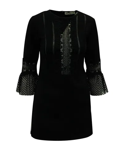 Self-portrait Lace Trim Dress With Flounce Sleeves In Black Polyester