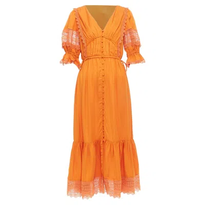Self-portrait Self Portrait Lace Trim Satin Twill Ruffle Midi Dress In Orange