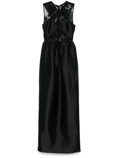 Self-portrait Lace-trim Taffeta Maxi Dress In Black