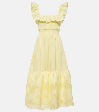Self-portrait Lace-trimmed Cotton Midi Dress In Yellow