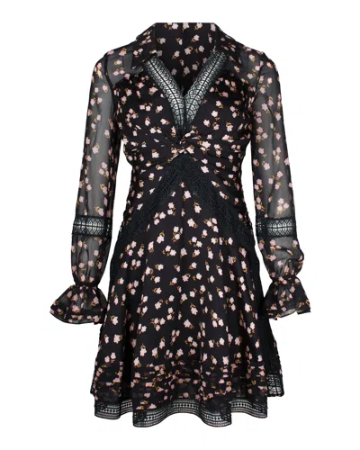 Self-portrait Lace-trimmed Floral Mini Dress In Black Viscose
