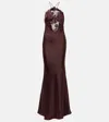 Self-portrait Lace-trimmed Halterneck Satin Gown In Brown