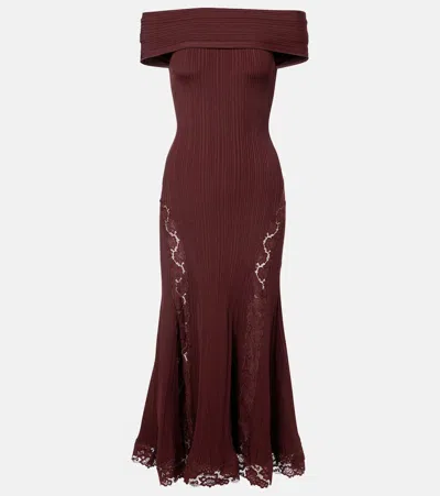 Self-portrait Off-the-shoulder Lace-trimmed Ribbed-knit Midi Dress In Burgundy