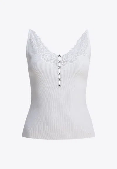 Self-portrait Lace-trimmed Ribbed Top In White