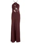Self-portrait Lace-trimmed Halterneck Satin Gown In Brown
