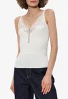 Self-portrait Lace Trim Rib Knit Viscose Blend Top In White
