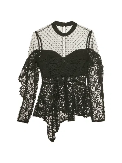 Pre-owned Self-portrait Lace Tulle Blouse In Black