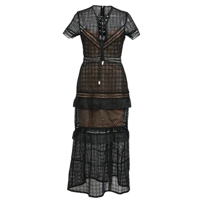Self-portrait Lace Up Peplum Midi Dress In Black Polyester