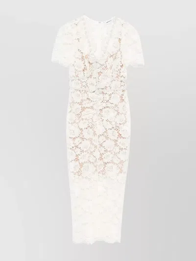 SELF-PORTRAIT LACE V-NECK MIDI DRESS WITH BOW EMBELLISHMENTS