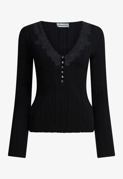 Self-portrait Lace V-neck Top In Black