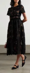 Self-portrait Belted Velvet-trimmed Corded Lace Midi Dress In Black