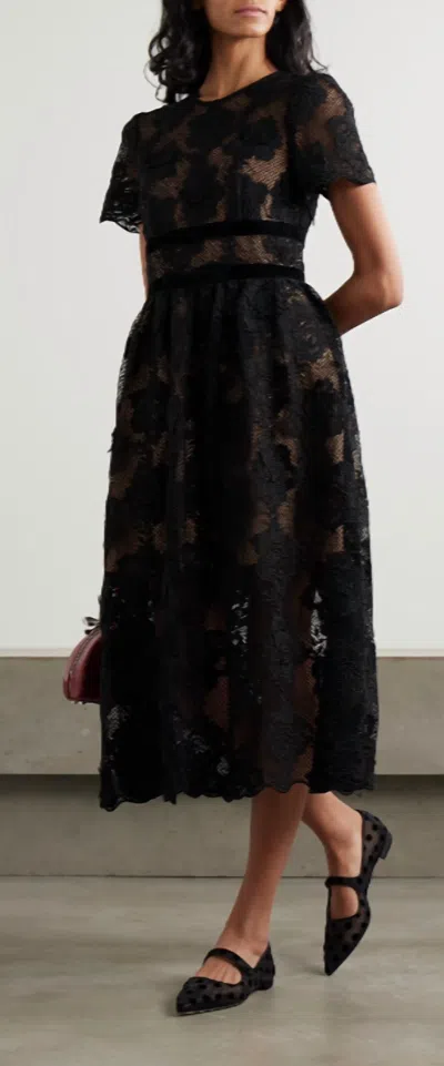 Self-portrait Belted Velvet-trimmed Corded Lace Midi Dress In Black