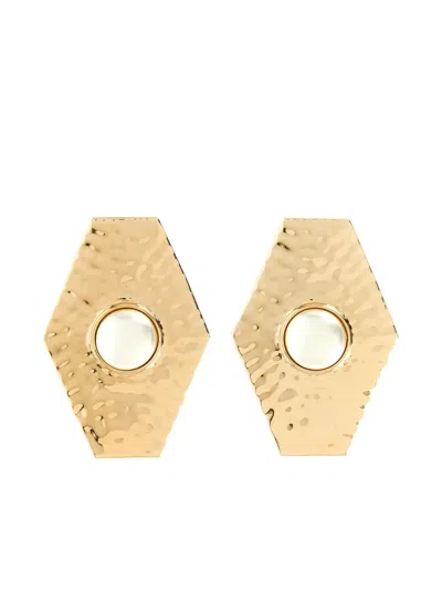 Self-portrait Large Hammered Pearl Geometric Earrings In Gold
