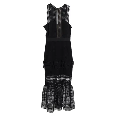 Self-portrait Laser Cut Midi Frilled Column Dress In Black Polyester