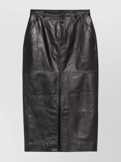 Self-portrait Leather Midi Skirt With Belt And Slit In Black