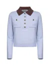 Self-portrait Light Blue Knit Contrasting Collar Polo Shirt In Blue