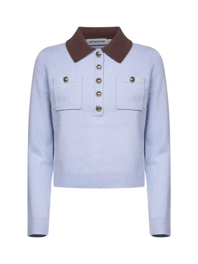 Self-portrait Light Blue Knit Contrasting Collar Polo Shirt