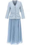 SELF-PORTRAIT LIGHT BLUE PLEATED MIDI DRESS WITH SEQUIN TWEED BODICE AND BRAIDED TRIMS