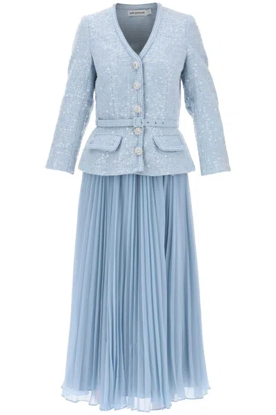 SELF-PORTRAIT LIGHT BLUE PLEATED MIDI DRESS WITH SEQUIN TWEED BODICE AND BRAIDED TRIMS