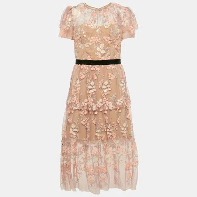 Pre-owned Self-portrait Light Pink Embroidered Tulle Tiered Midi Dress M