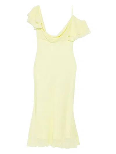 SELF-PORTRAIT SELF-PORTRAIT LIGHT YELLOW RUFFLED MIDI DRESS WITH DRAPED NECKLINE