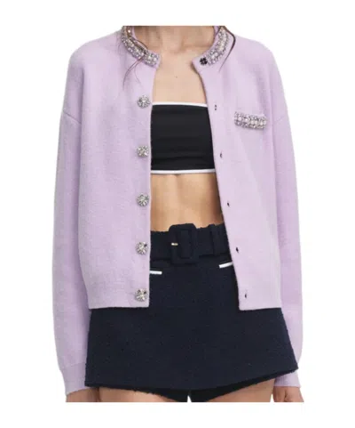 Self-portrait Embellished Round Neck Cardigan With Crystal Accents In White