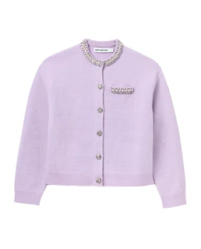 Self-portrait Lilac Crystal Trim Cardigan In Purple