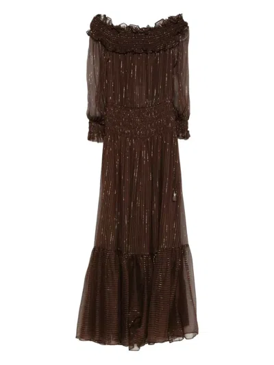 Self-portrait Long Dress In Brown