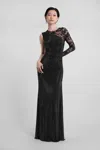 Self-portrait Rhinestone Lace Sleeve Maxi Dress With Draped Front And Side Slit In Black