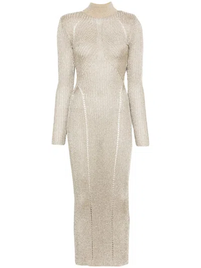 Self-portrait Ribbed Lurex Knit Turtleneck Maxi Dress In Gold