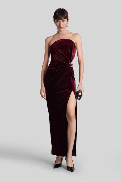 Self-portrait Long Dress In Bordeaux Polyester In Burgundy