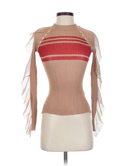 Pre-owned Self-portrait Long Sleeve Top Tan Turtleneck Tops In Brown