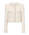 Self-portrait White Crewneck Jacket With Sequin And Faux-pearls Embellishments In Tech Fabric Woman In White