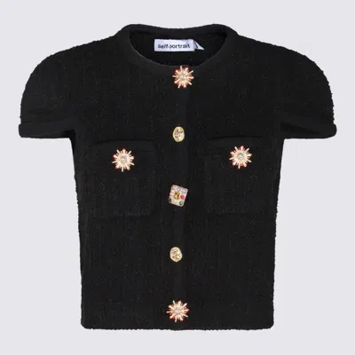 Self-portrait Jewel-button Knitted Top In Black