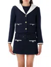 Self-portrait Belted Waist Short Jacket With Stripe Trim In Blue