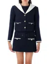 Self-portrait Belted Waist Short Jacket With Stripe Trim In Blue