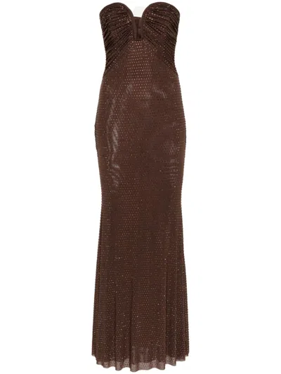 Self-portrait Womens Brown Strapless Rhinestone-embellished Stretch-woven Maxi Dress