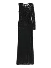 Self-portrait Rhinestone Lace Sleeve Maxi Dress With Draped Front And Side Slit