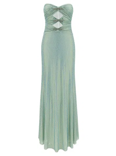 Self-portrait Maxi Green Dress With Cut-out And All-over Rhinestones In Stretch Fabric Woman