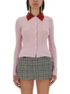 Self-portrait Merino Wool Cardigan With Contrast Collar In Pink