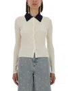 Self-portrait Cream Merino Wool Cardigan With Polo Collar And Button Closure In White