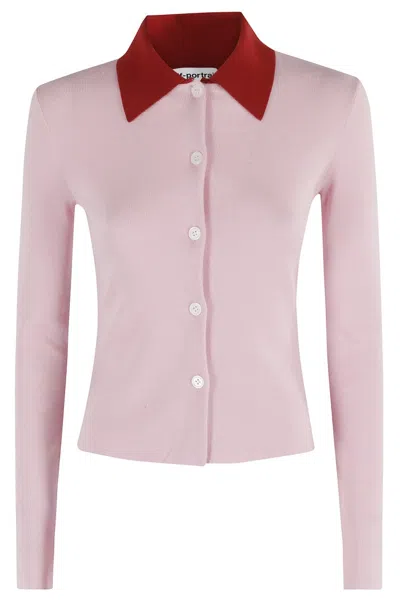 Self-portrait Merino Wool Cardigan With Contrast Polo Collar And Classic Design In Pink