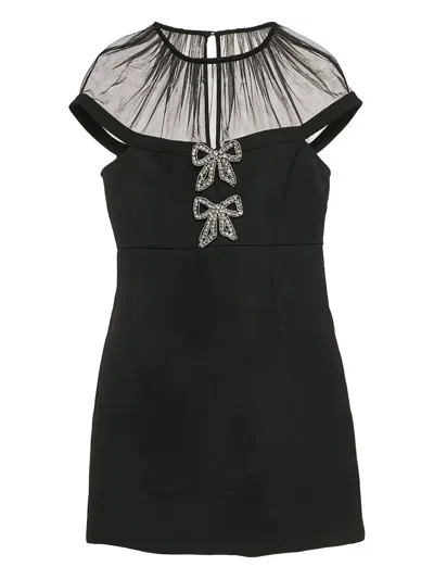 Pre-owned Self-portrait Mesh-panelled Bow-detail Dress In Black